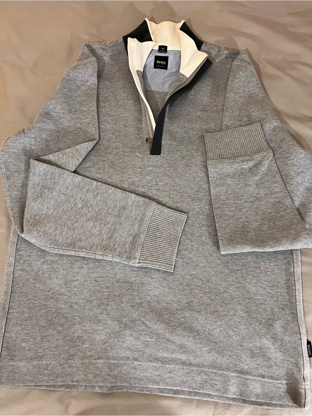 BOSS Light Gray Zip-Neck Sweater with Black & White Trim